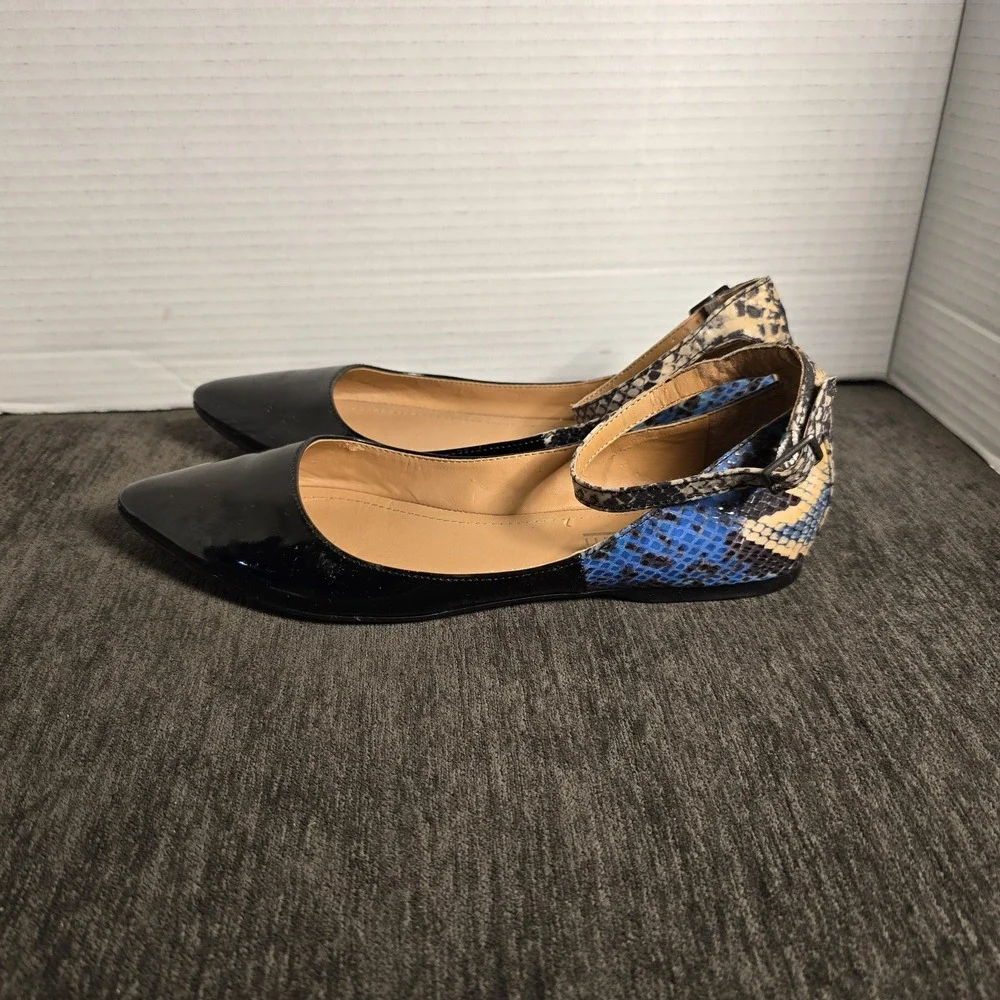 Marco Santi Womens Black Patent Blue Snakeskin Pointed Toe Ankle Strap Flats 6.5